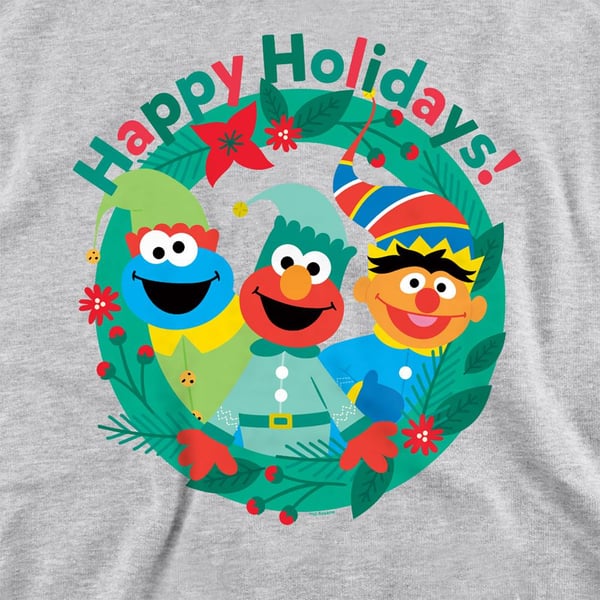 Sesame Street Unisex Adult Happy Holidays Elves Heather Christmas Sweatshirt