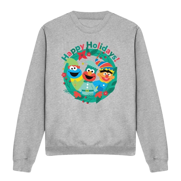 Sesame Street Unisex Adult Happy Holidays Elves Heather Christmas Sweatshirt
