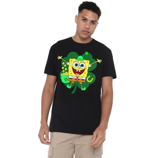 SpongeBob SquarePants Mens Spongey Four Leaf Clover St Patricks Day T-Shirt