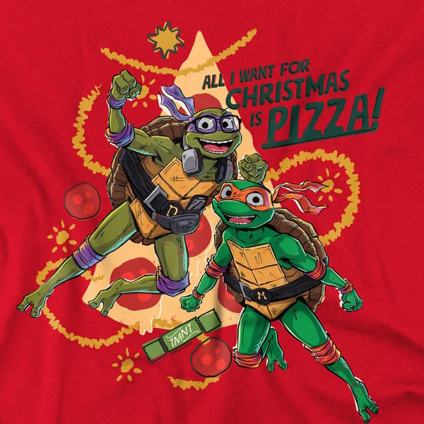 Teenage Mutant Ninja Turtles: Mutant Mayhem Mens Michelangelo & Donatello Pizza Christmas T-Shirt