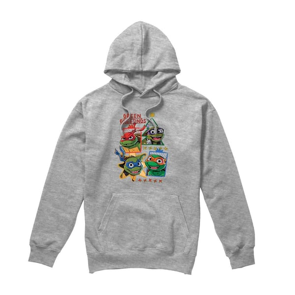 Teenage Mutant Ninja Turtles: Mutant Mayhem Mens Green Greetings Christmas Hoodie Teenage Mutant Ninja Turtles: Mutant Mayhem Mens Green Greetings Christmas Hoodie