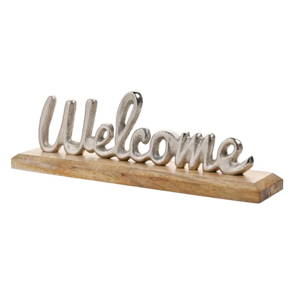 Hestia Silver Metal Welcome Sign on a Wood Base