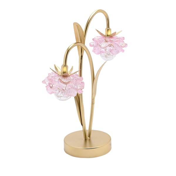 Hestia 2 Stem LED Lamp With Pink Glass Flower And Gold Base
