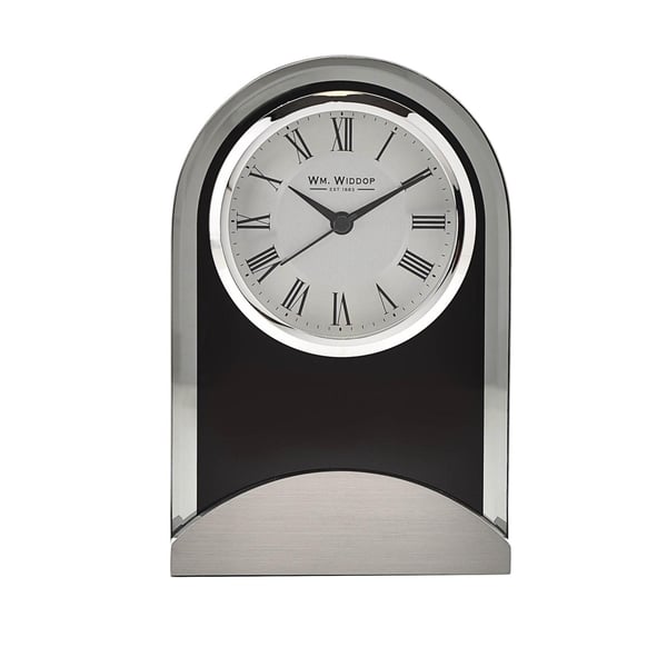 Wm.Widdop Black Glass Panel Aluminium Base Mantel Clock