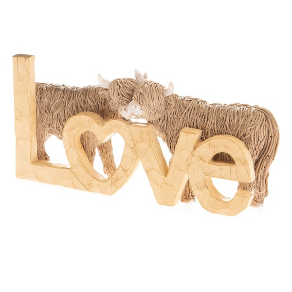 Hestia Wood Effect Resin Highland Cow Ornament - Love