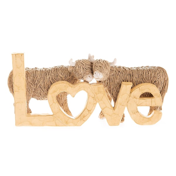 Hestia Wood Effect Resin Highland Cow Ornament - Love