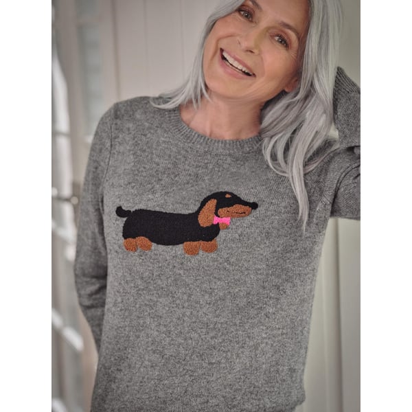 WoolOvers Womens/Ladies Dog With Bow Jumper WoolOvers Womens/Ladies Dog With Bow Jumper