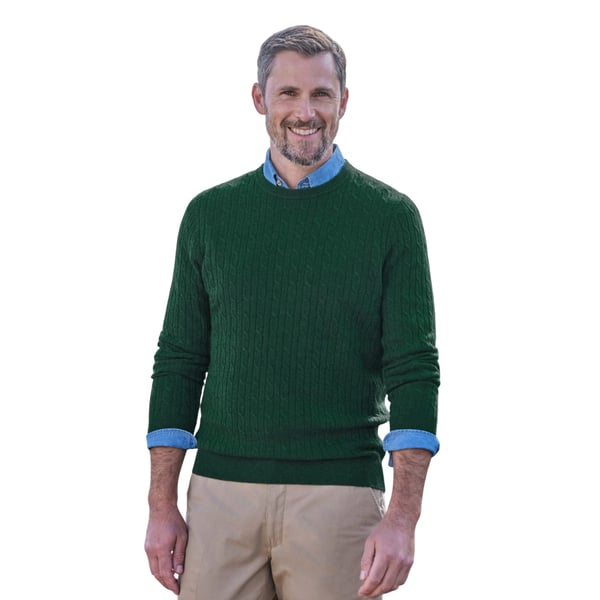WoolOvers Mens Cable Knit Cashmere Merino Crew Neck Jumper
