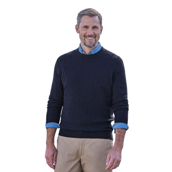 WoolOvers Mens Cable Knit Cashmere Merino Crew Neck Jumper