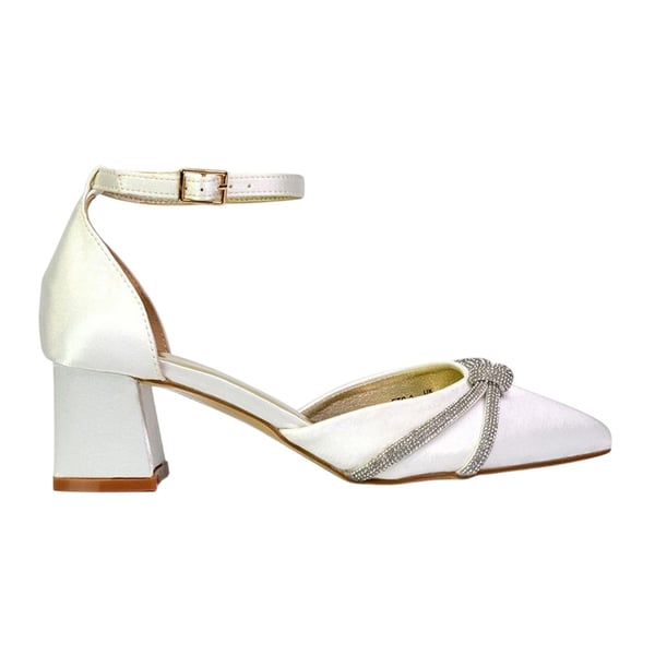 XY London Dam Sarah Diamante Spetsig Mellanhög Blockklack Pumps