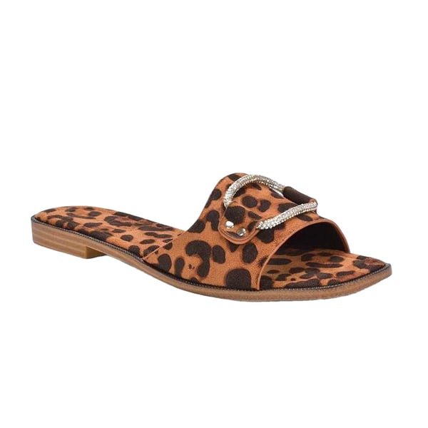 XY London Womens/Ladies Annie Leopard Print Diamante Flat Sliders XY London Womens/Ladies Annie Leopard Print Diamante Flat Sliders