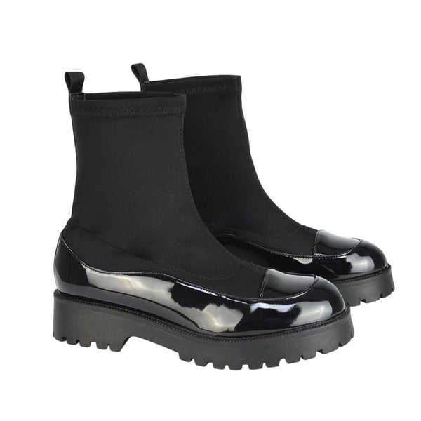 XY London Womens/Ladies Kerry Patent Chunky Flat Biker Boots XY London Womens/Ladies Kerry Patent Chunky Flat Biker Boots