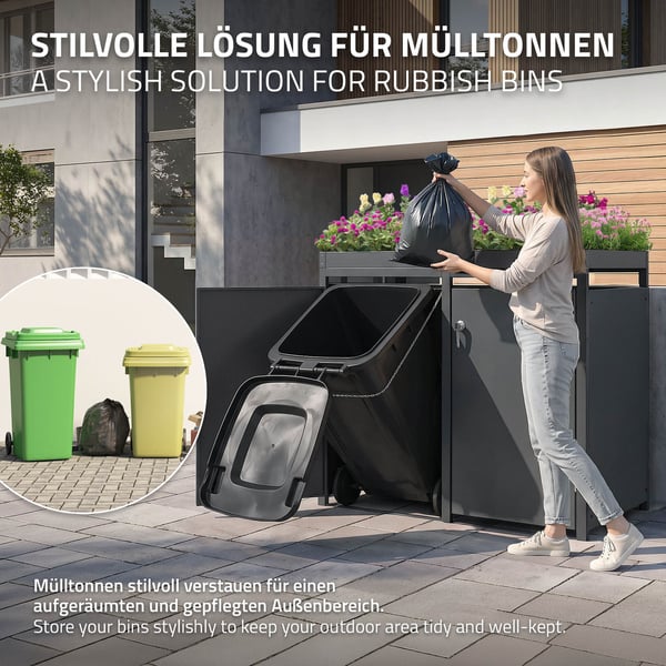 ML-Design papperskorgsbox 3er med planteringstak för 3 papperskorgar, 240L 200x80x124cm antracit, stål, väderbeständig, låsbart papperskorgslock med