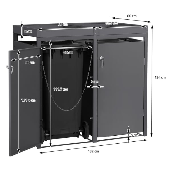 ML-Design papperskorgsbox 3er med planteringstak för 3 papperskorgar, 240L 200x80x124cm antracit, stål, väderbeständig, låsbart papperskorgslock med