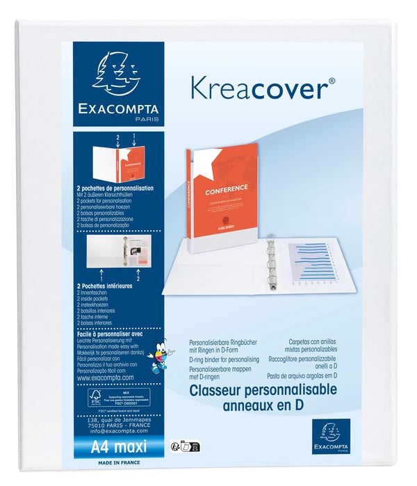 Exacompta 10x Kreacover PP Ringbind, A4 Maxi, 4D Ringe, 30mm - hvid 51942E