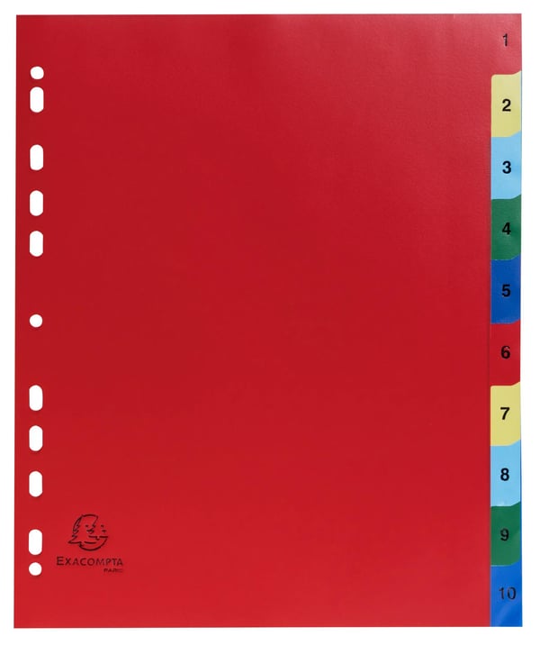 Exacompta 20x PP trykte indekser, A4 Maxi, 1 til 10 - assorteret lyse 84E