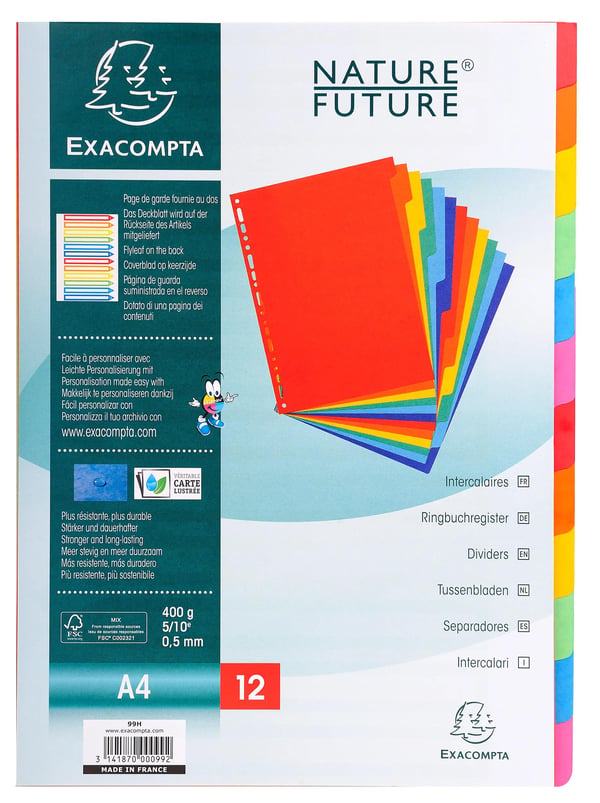 Exacompta 25x Dividers Premium Pressboard, A4, 400gsm, 12 dele - assorterede farver 99H