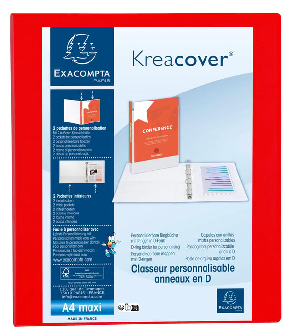 Exacompta 10x Kreacover PP ringbind, A4 Maxi, 4 D-ringe 25mm - Rød 51846RE