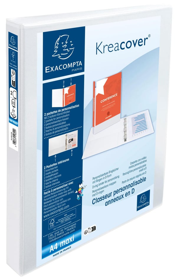 Exacompta 10x Kreacover PP Ringbind, A4 Maxi, 2 D-ringe 30mm - hvid 51822E