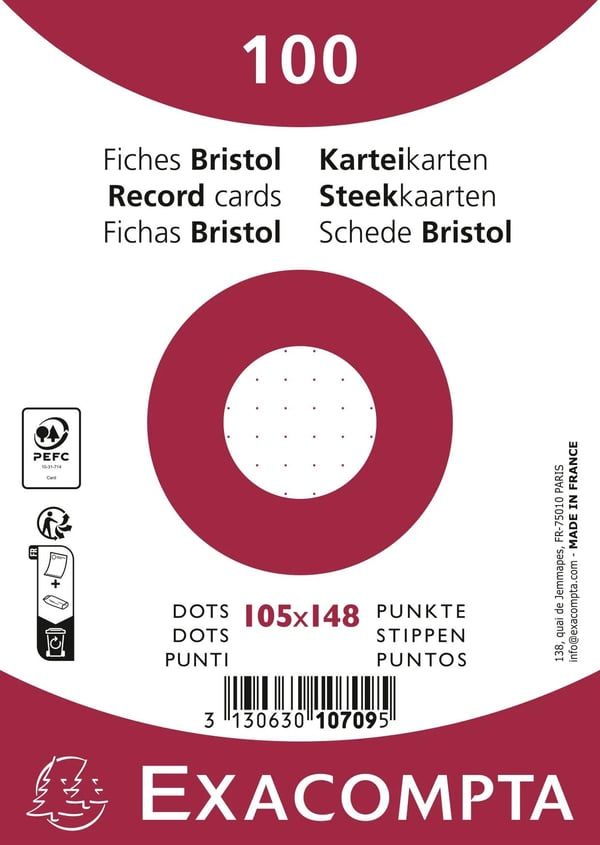 Exacompta 20x indekskort 105x148mm, 205gsm, Dot - hvid 10709E