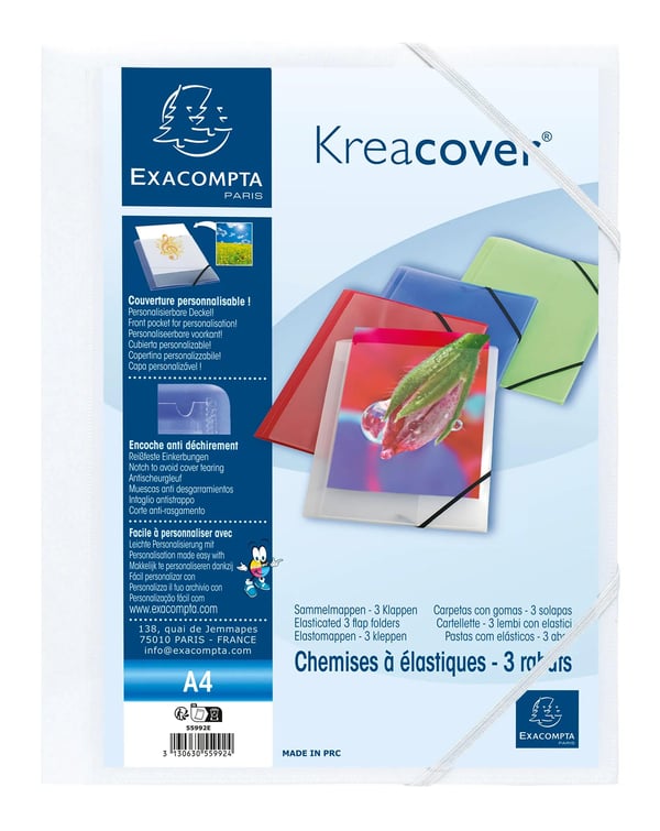 Exacompta 25x Mappe med 3 klapper og elastikremme Krea Cover Opaque polypropylen - A4-størrelse - hvid 55992E