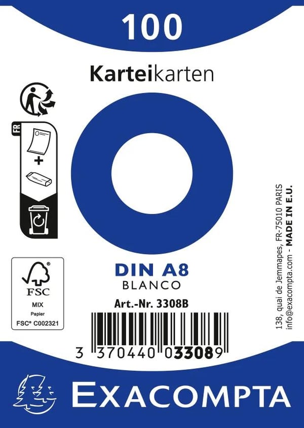 Exacompta 48x Exacompta pladskort A8, blankt - hvid 3308B