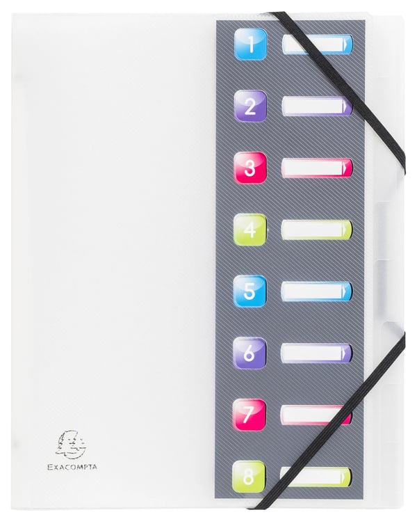 Exacompta 10x Multipart mappe med 3 flapper og elastiske stropper 8 rum Crystal Colours - A4 - assorterede farver 56610E
