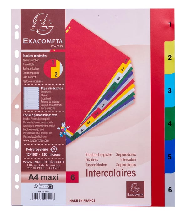 Exacompta 20x PP trykte indekser, A4 Maxi, 6 del 1 til 6 - assorteret lyse 2506E