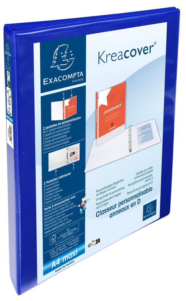 Exacompta 10x Kreacover PP ringbind, A4 Maxi, 4 D-ringe 15mm - Blå 51840BE