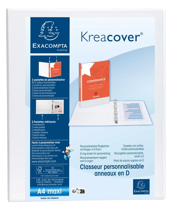 Exacompta 10x Kreacover PP Opaque Ringbind, A4 Maxi, 4D ringe 20mm - hvid 51941E
