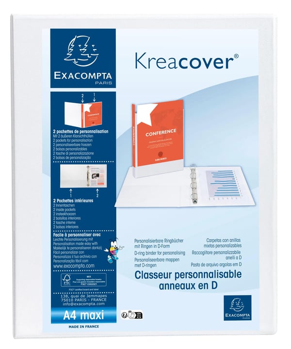Exacompta 10x Ringbind Kreacover Personal PP 2D Ringe 20mm 2 Lommer Hvid - hvid 51921E