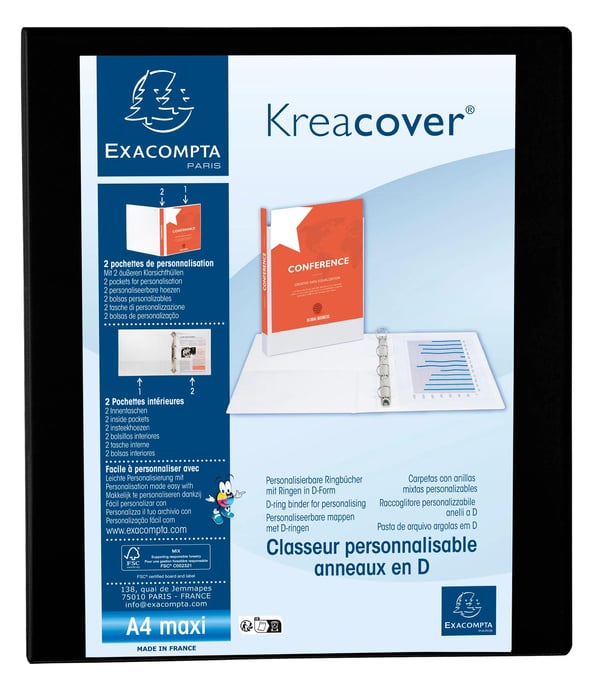Exacompta 10x Kreacover PP ringbind, A4 Maxi, 4 D-ringe 30mm - Sort 51842NE