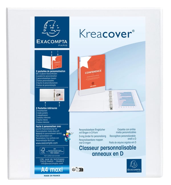 Exacompta 10x Kreacover PP ringbind, A4 Maxi, 4 D-ringe 50mm - hvid 51944E