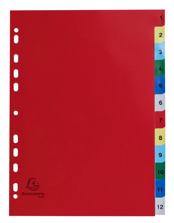 Exacompta 20x PP trykte indekser, A4, 12 del 1 til 12 - assorteret lyse 1512E