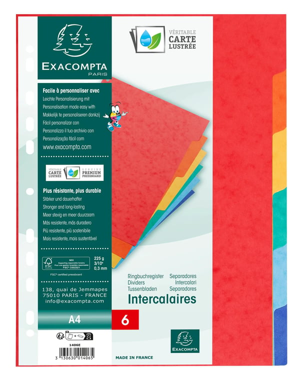 Exacompta 50x Dividers Pressboard, A4, 225gsm, 6 dele - assorterede farver 1406E