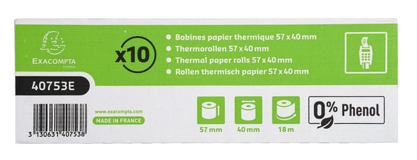 Exacompta 60x Rulle 1 lag termisk 55g 57x40x12 FSC PBA-fri pakke med 5 stk. - hvid 40753E