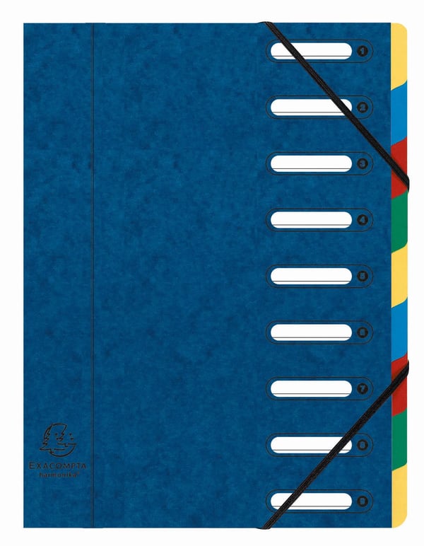 Exacompta 6x Multipart-mappe Harmonika med udskårne vinduer og elastiske stropper, premium kvalitet premium pressboard, 9 sektioner - assorterede farver 5309E