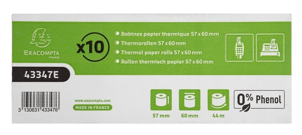 Exacompta 60x Kvitteringsruller therm 55g 57x60-44m 0Phenol - hvid 43347E