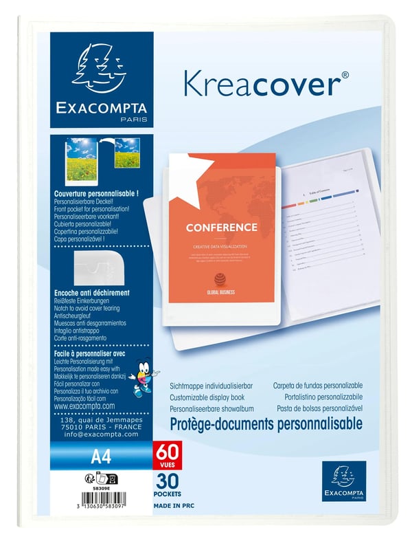 Exacompta 12x Kreacover Opaque Rigid PP Display Book, A4, 30 lommer - hvid 58309E