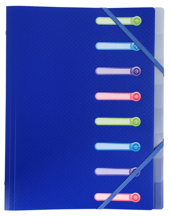 Exacompta 10x Multipartmappe med 3 klapper og elastiske stropper, Opak polypropylen 8 rum - A4-størrelse. - assorterede farver 56180E