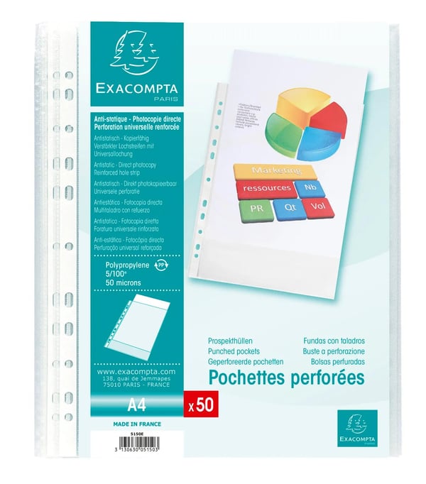 Exacompta 20x Stansede lommer Pose med 50 stk. A4 5/100 - Krystal 5150E