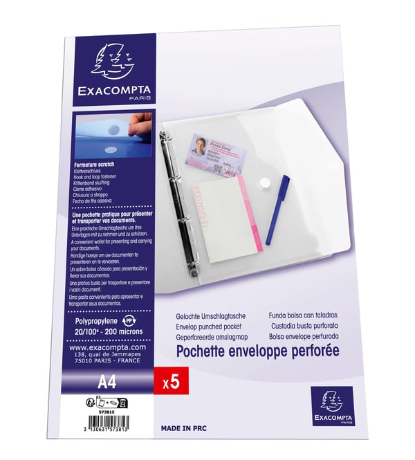Exacompta 10x PP kuvertlomme med perforering, A4, Hook & Loop, pose med 5 - farveløs 57381E