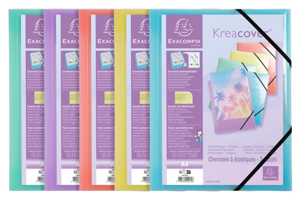 Exacompta 25x Kreacov elastisk 3 flap mappe PP A4, pastelfarvet assorteret - assorterede farver 55279E
