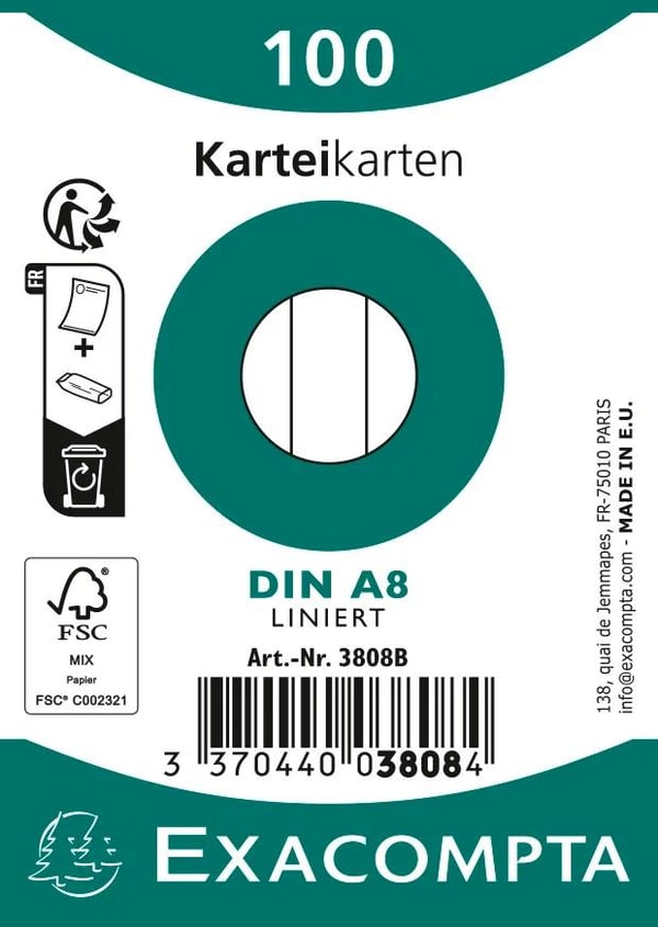 Exacompta 48x Exacompta pladskort A8, linjeret - hvid 3808B