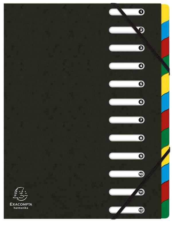 Exacompta 6x Harmonika Multipart File, A4, 12 sektioner, 425gsm - Sort 55121E