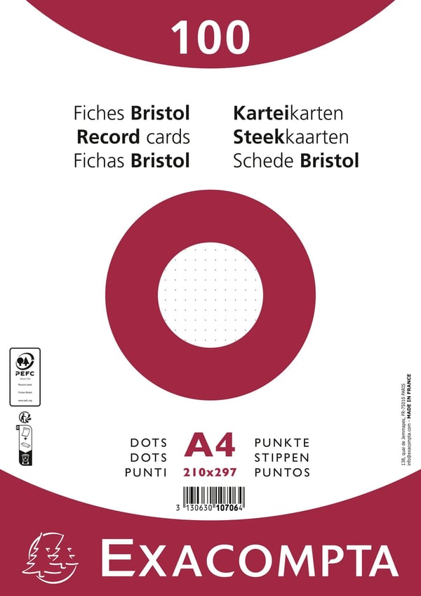 Exacompta 10x kartotekskort 210x297mm, 205gsm, Dot - hvid 10706E