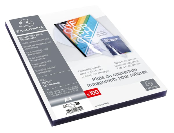 Exacompta AEske med 100 flade PVC-omslag til diasbind 0,15 mm - A4 - Krystal 42741E