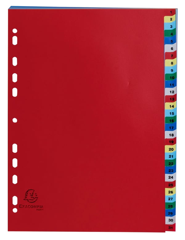 Exacompta 20x PP trykte indekser, A4, 31 dele, 1 til 31 - assorterede farver 93E