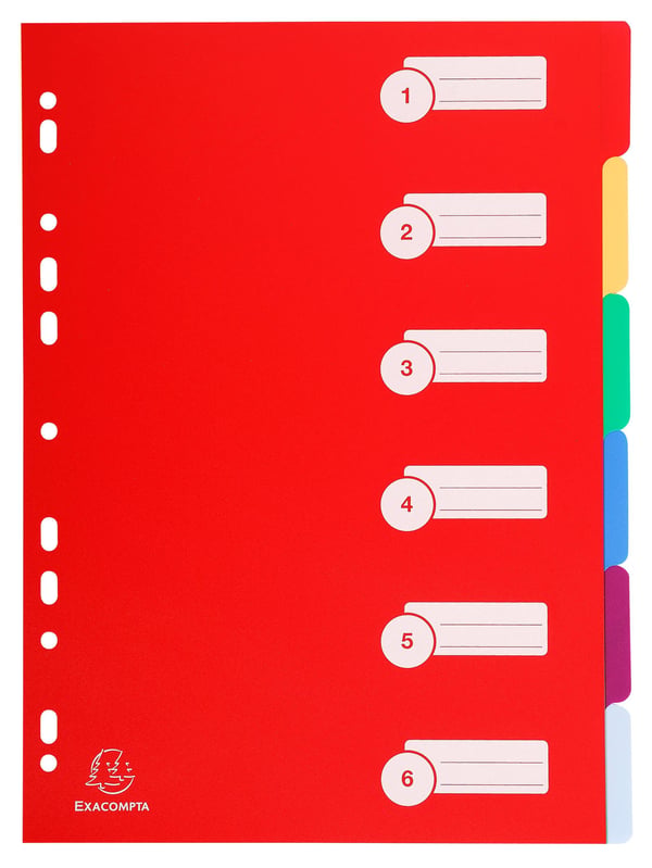 Exacompta 25x PP-inddelere, A4, 6 dele - assorterede farver 4906E