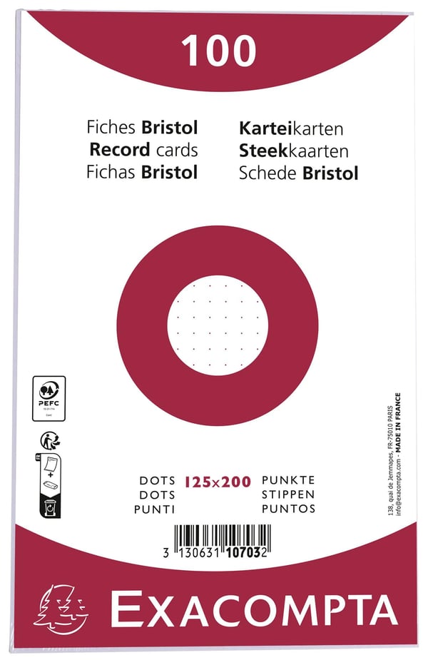 Exacompta 12x kartotekskort 125x200mm, 205gsm, Dot - hvid 10703E